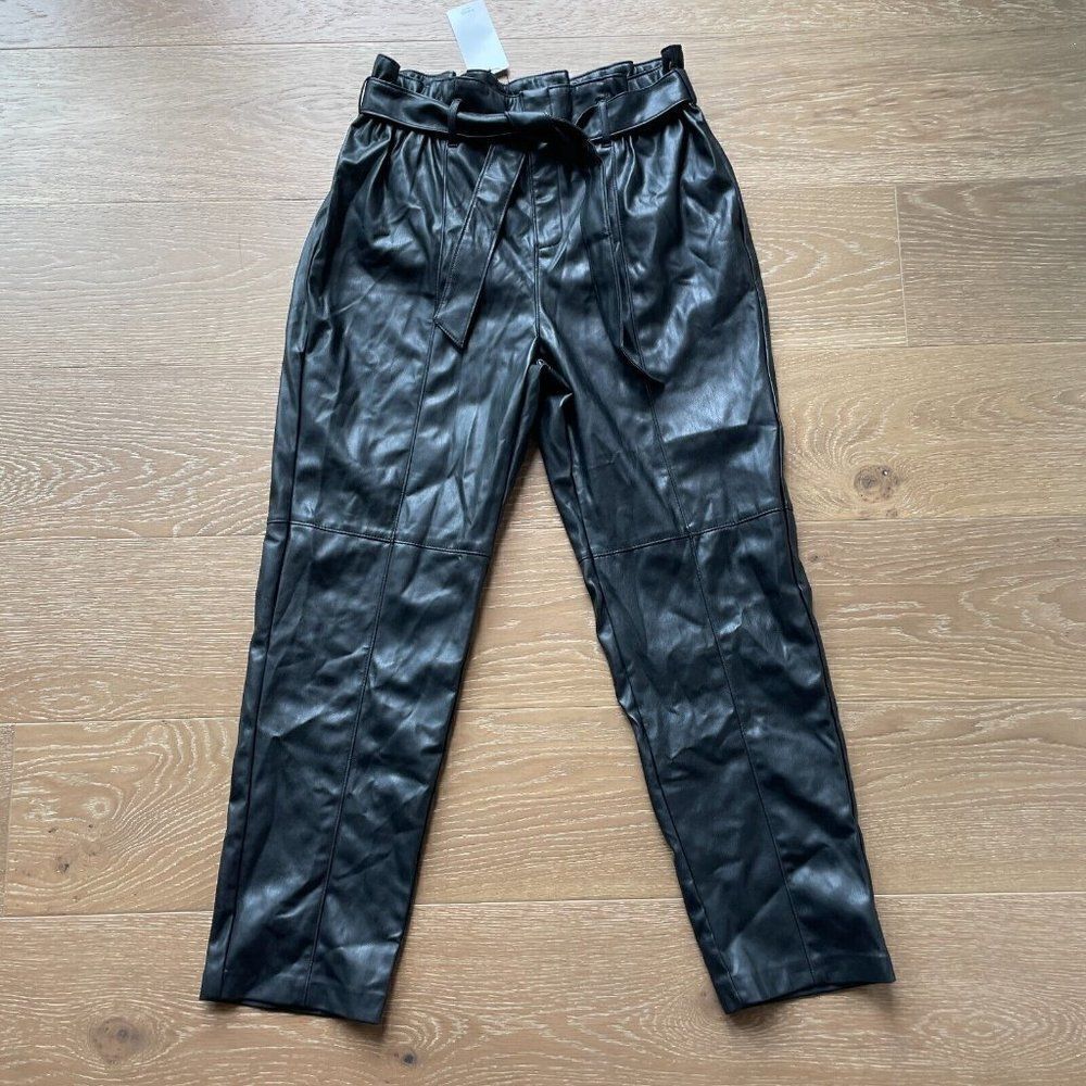 Mango Tie Waist Faux Leather Pants Womens Large‎ Black Straight Paper Bag NEW